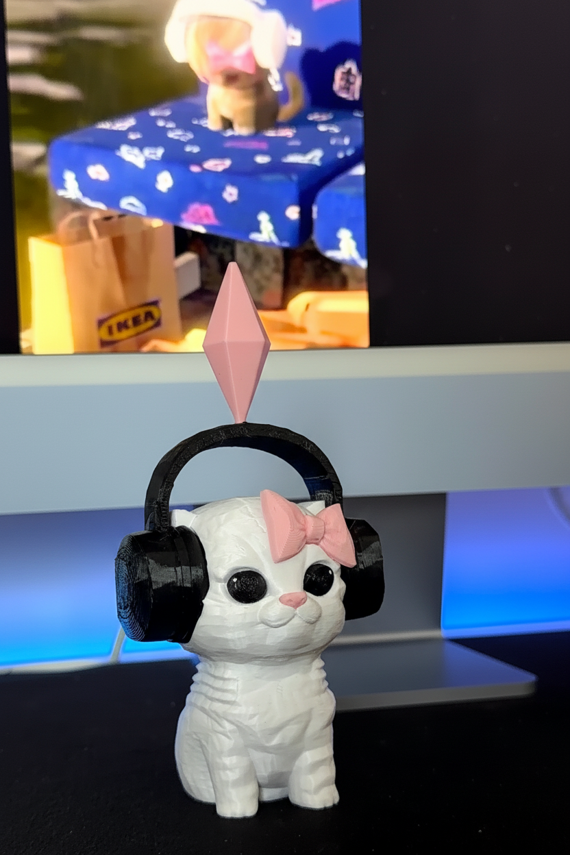 Biały kotek z The Sims - figurka 3D ze słuchawkami i różową kokardką