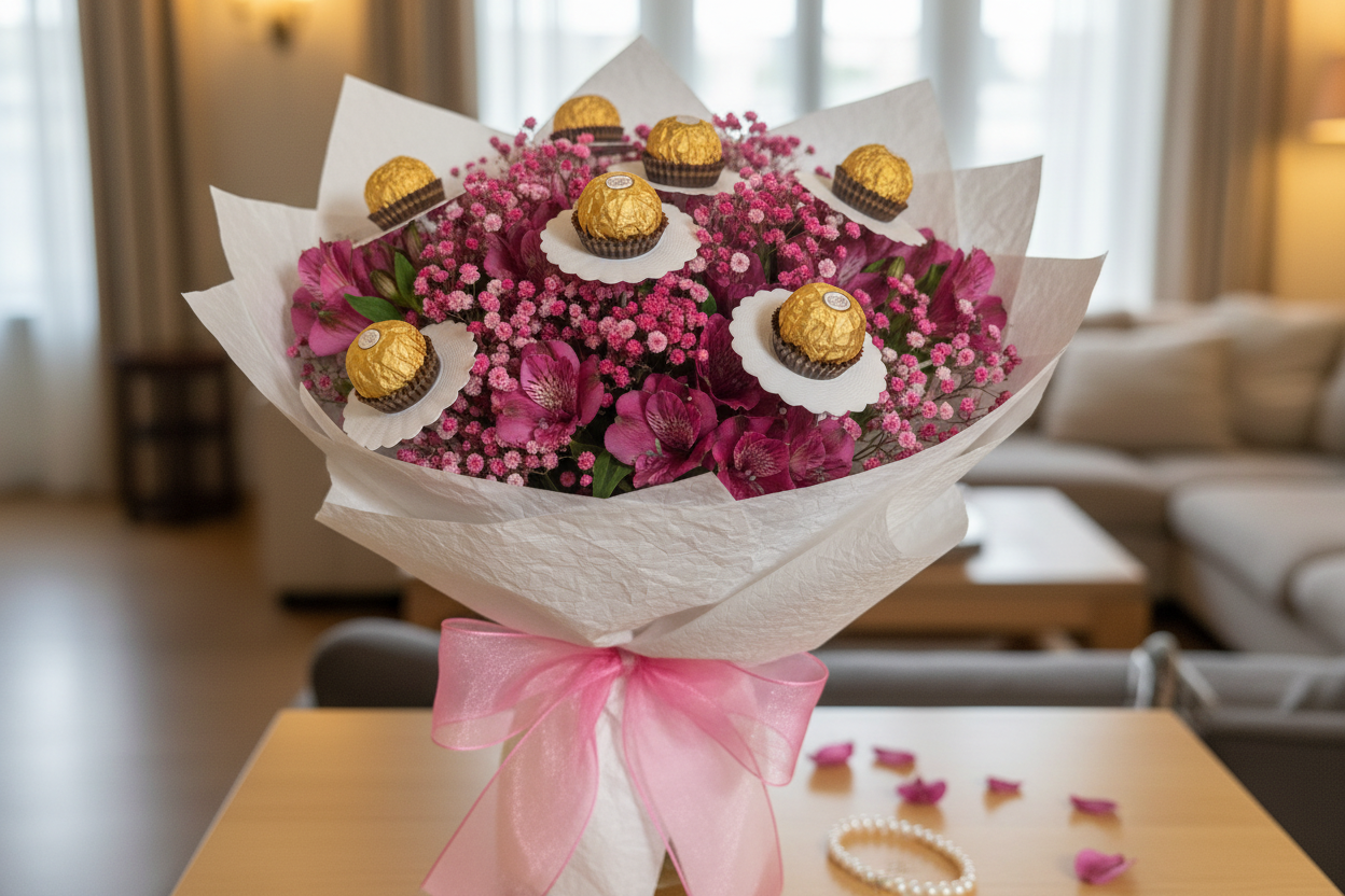 Bukiet z topperami stokrotka i różowymi kwiatami